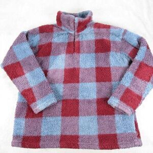 Eddie Bauer Sweatshirt Womens Large Red Plaid Deep Pile‎ Fleece 1/4 Pullover